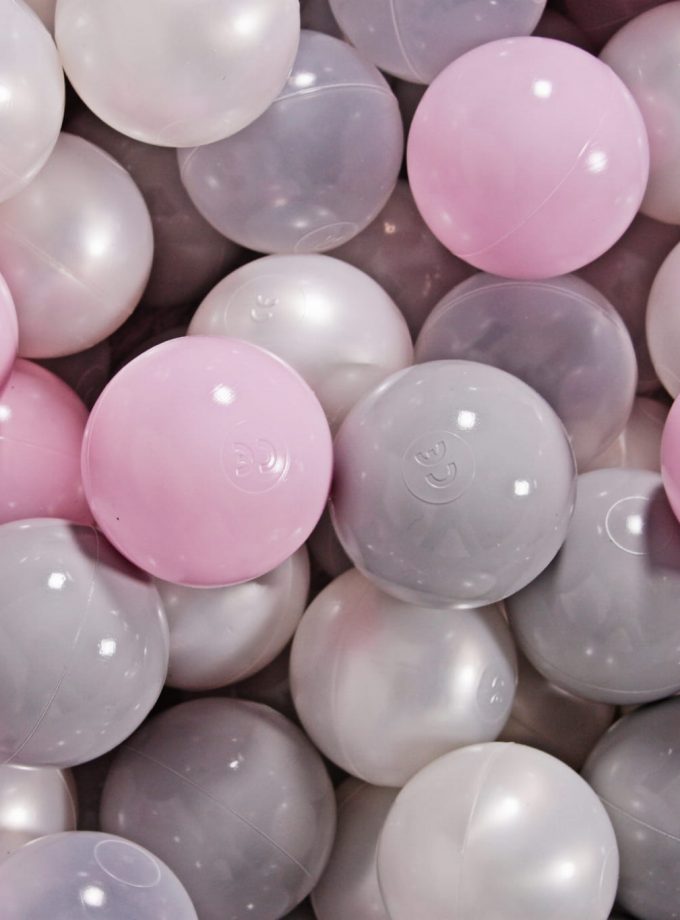 Žaidimų rinkinys su kamuoliuko duobute + 100 kamuoliukų: pastelinės rožinės spalvos, skaidrus, baltas perlas, pilkas