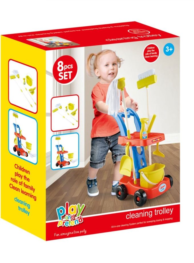 Žaislinis namų valymo rinkinys su vežimėliu